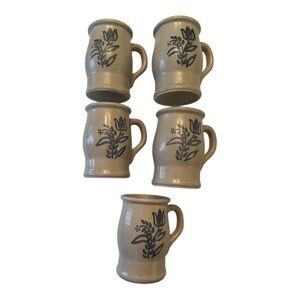 Set of 5, Vintage Pfaltzgraff Yorktowne Barrel Mugs Stoneware Blue Tulip Design